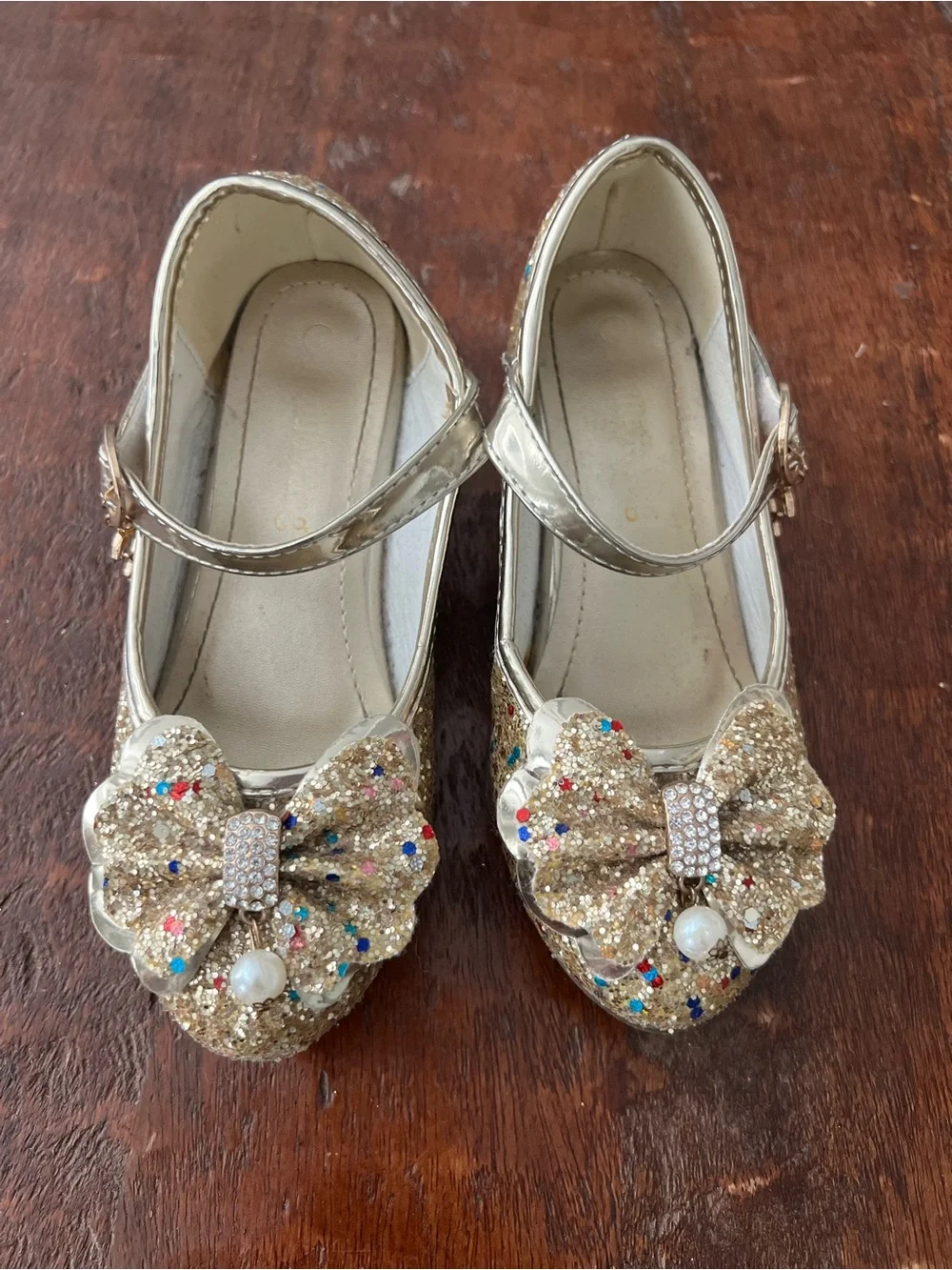 Kids Glitter Bow Mary Jane Shoes in Gold Size 13